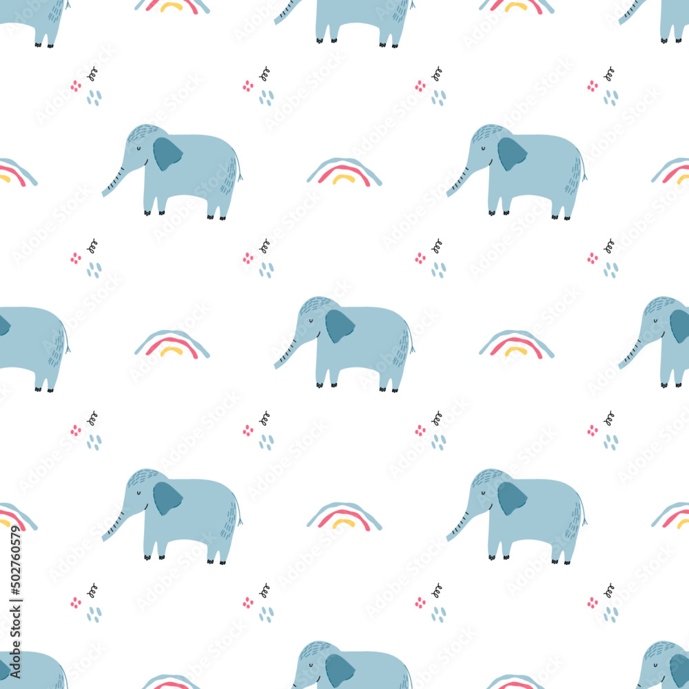 Quadro em tela Vector seamless pattern with elephants and rainbows