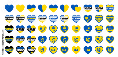 Set of fifty stickers in the shape of a heart with the blue yellow color of the Ukrainian flag. Isolated vector illustration patriotic decor element for social media, card design with national symbol