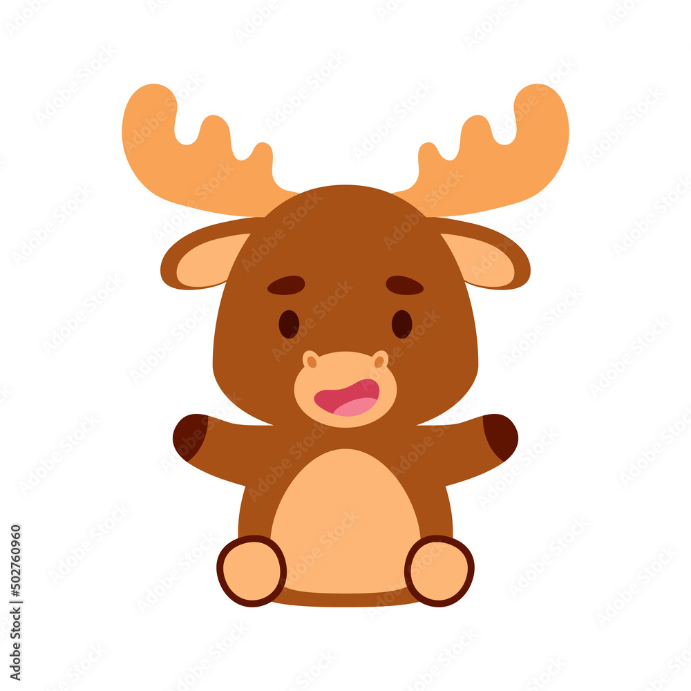 Cute little sitting moose. Cartoon animal character design for kids t-shirts, nursery decoration, baby shower, greeting cards, invitations, bookmark, house interior. Vector stock illustration Cute little sitting moose. Cartoon animal character design for kids t-shirts, nursery decoration, baby shower, greeting cards, invitations, bookmark, house interior. Vector stock illustration