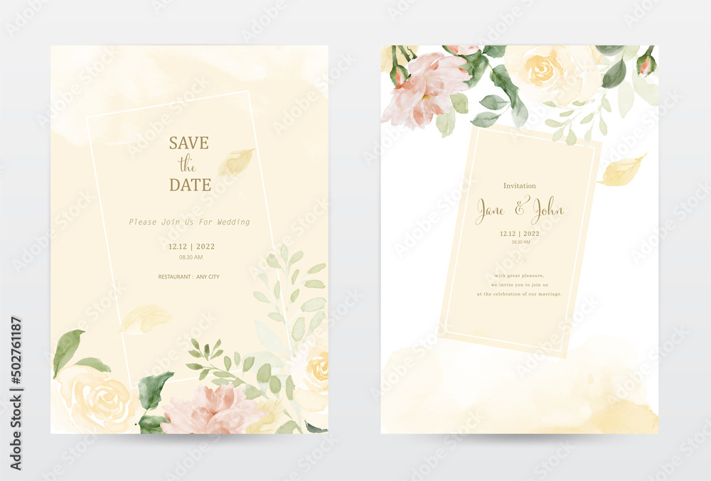 Rose watercolor invitation of yellow template cards set