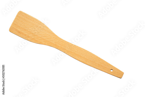 Kitchen spatula made of wood isolated on a white background. Kitchenware. Chef's tool. Wooden product.
