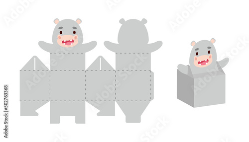 Simple packaging favor box hippo design for sweets, candies, small presents. Party package template for any purposes, birthday, baby shower. Print, cut out, fold, glue. Vector stock illustration