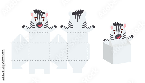 Simple packaging favor box zebra design for sweets, candies, small present. Party package template for any purposes, birthday, baby shower. Print, cut out, fold, glue. Vector stock illustration