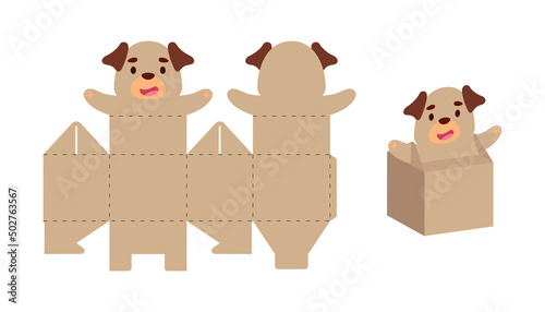 Simple packaging favor box dog design for sweets, candies, small presents. Party package template for any purposes, birthday, baby shower. Print, cut out, fold, glue. Vector stock illustration