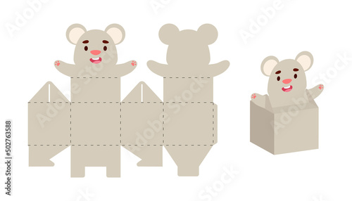 Simple packaging favor box mouse design for sweets, candies, small presents. Party package template for any purposes, birthday, baby shower. Print, cut out, fold, glue. Vector stock illustration
