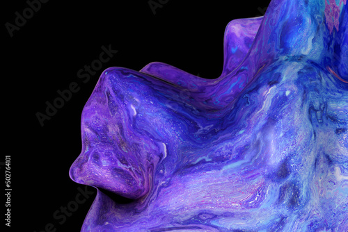 Navy blue chrome droplet 3d illustration. Generative art liquid gradient drop shape on the black background