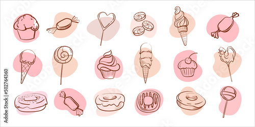 colored hand drawn icon set ice cream and candys on the white background