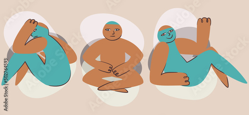 Three vector figures illustrating various emotions: thoughtfulness, calmness and carelessness. On soft pastel background.