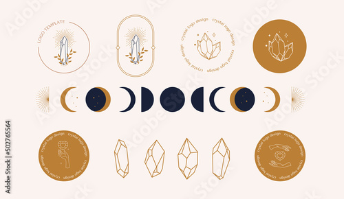 A set of female hand logos Crystal in a minimal linear style. Mystical logo template of sun crystals and moon