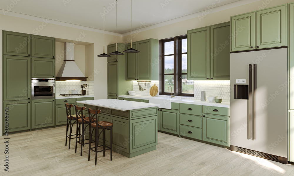 Modern style kitchen with light counter top with sink, hob, oven, kitchen utensils. 3D rendering. Modern style kitchen with light counter top with sink, hob, oven, kitchen utensils. 3D rendering.