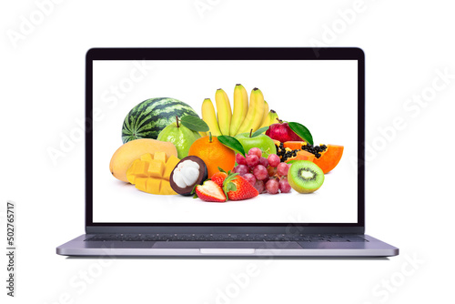 Fresh mix fruit on laptop computer screen isolated on white background.  My image 