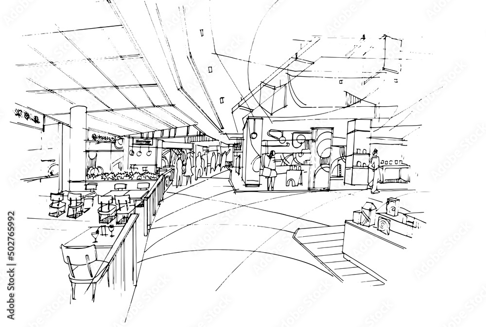 shopping mall corridor area The restaurants and shops sketch drawing,Modern design,vector,2d illustration