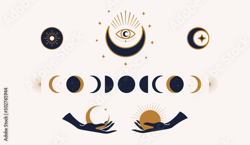 Set of mystical moon phase logo templates, female hands silhouette in minimal linear style. For cosmetics, beauty, tattoo, Spa, manicure, jewelry store