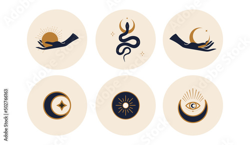 Sacred icons depicting the moon, sun and snakes in circles. Vector illustration. Set of icons and emblems for social media news covers. Design Templates for a Yoga Studio and an Astrologer Blogger