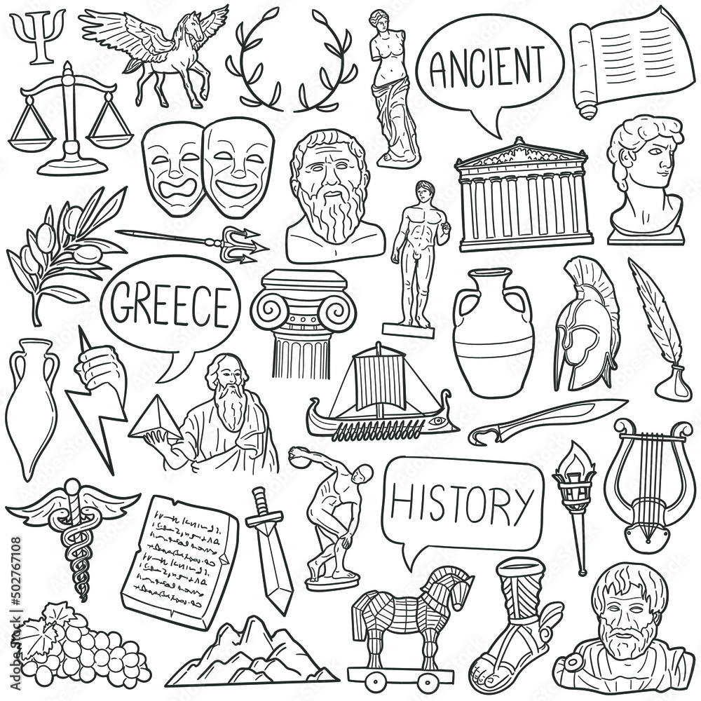 Classical Antiquity Doodle Icons. Hand Made Line Art. Greece Culture Clipart Logotype Symbol Design. - obrazy, fototapety, plakaty 
