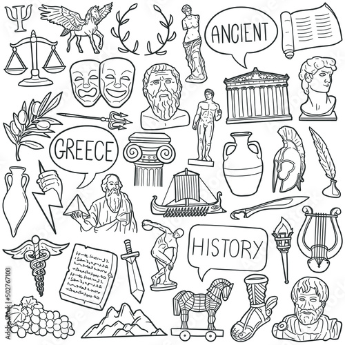 Classical Antiquity Doodle Icons. Hand Made Line Art. Greece Culture Clipart Logotype Symbol Design.