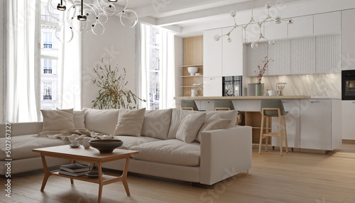 Modern interior of white kitchen with living room. 3d render 