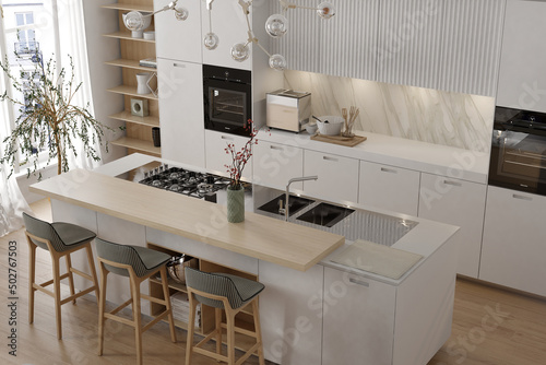 Modern interior of white kitchen with living room. 3d render  © Julia Vadi