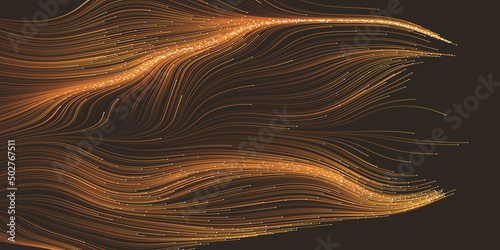 Dark Brown Moving, Flowing, Stream of Particles in Curving, Wavy Lines - Digitally Generated Dark Futuristic Abstract 3D Geometric Background Design, Generative Art in Editable Vector Format