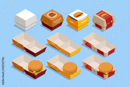 Isometric burger, hamburger in red and beige paper boxes for burgers. Top and front side view isolated on white background