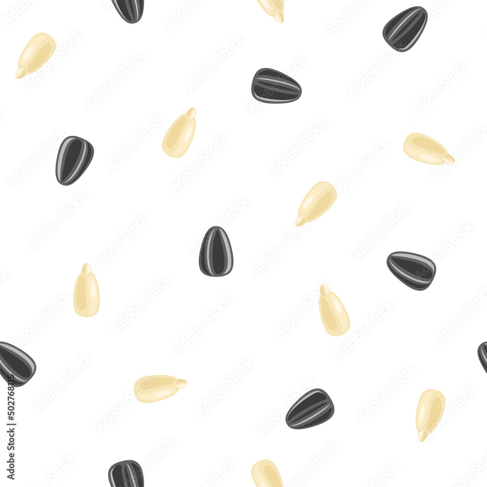 Sunflower seeds background. Food seamless pattern. Vector cartoon flat illustration.