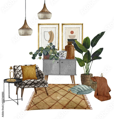 nterior bohemian background with mid century modern furniture,Interior Decor Scene.Room with tropical houseplant,rug,armchair.Watercolor illustration.Housewarming print.Stay at home