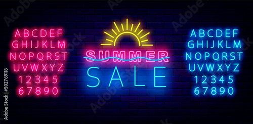 Summer sale neon badge. Sunrise in ocean. Shopping label with sea wave. Vector stock illustration