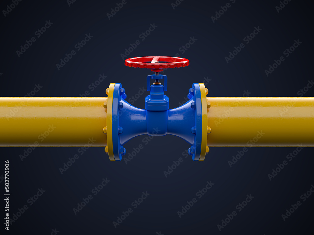 Valve on the main gas pipeline between the European Union and Russia on a isolated background. Financial metaphor revealing the concept of sanctions. 3D illustration Valve on the main gas pipeline between the European Union and Russia on a isolated background. Financial metaphor revealing the concept of sanctions. 3D illustration