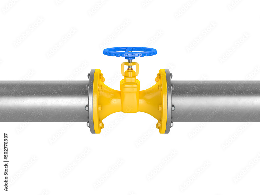 Valve on the main gas pipeline between the European Union and Russia on a isolated background. Financial metaphor revealing the concept of sanctions. 3D illustration