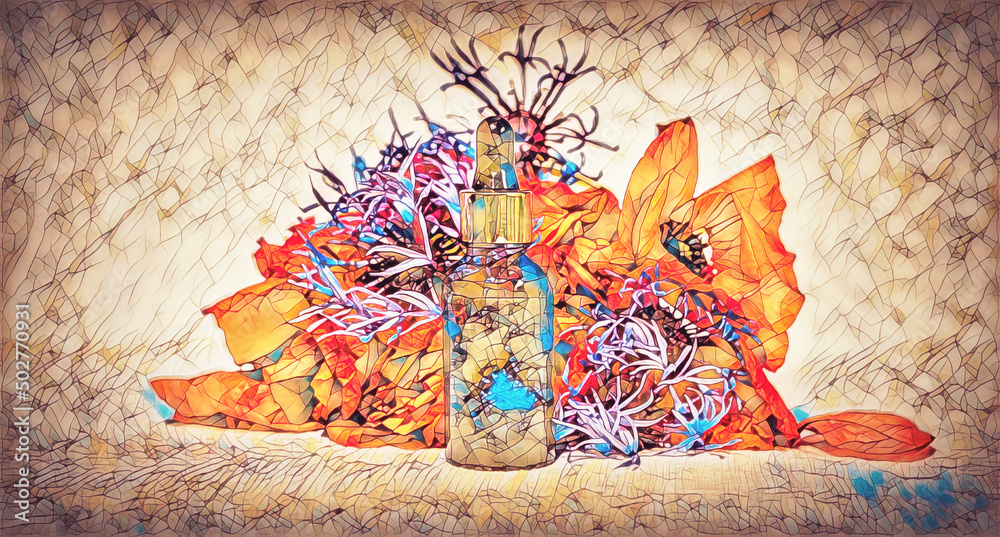 Fototapeta premium fragrances in old wood box and mosaic structure.