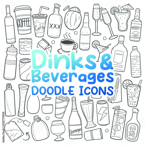 Drink And Beverages Doodle Icons. Hand Made Line Art. Cocktail Clipart Logotype Symbol Design.