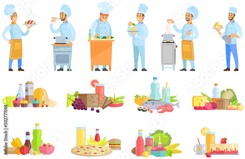 People preparing dish, meal. Chefs work with kitchen equipment to prepare food. Male characters fry with pan, cut vegetables, mix, add ingredients of dish. Set of chefs creating restaurant meal