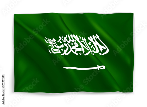 Green waving flag of Saudi Arabia. 3d vector object isolated on white