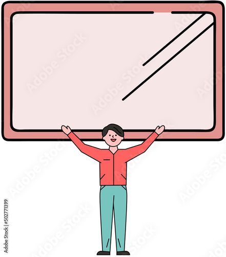 Man near electronic device with touch screen. Guy showing ectronical smart tablet. Equipment for work or study, digital technology. Person next to huge screen display isolated on white background