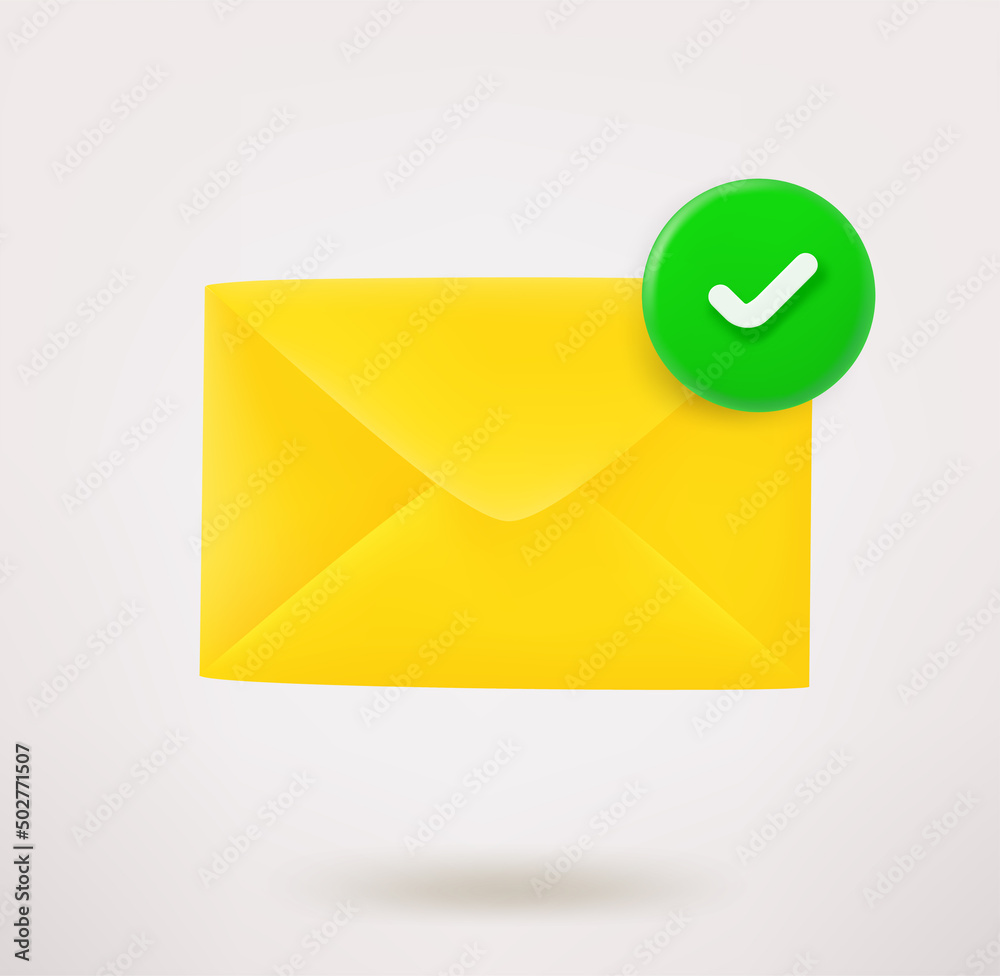 Yellow envelope icon with checkmark. 3d vector icon Yellow envelope icon with checkmark. 3d vector icon