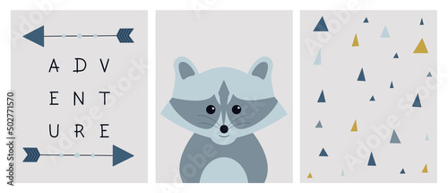 Cute set posters nursery. Cartoon hand drawn raccoon. Baby wall art decor. Kids print in Scandinavian style. Baby design game room.Vector illustration of textiles, postcards, prints. Funny raccoon