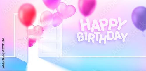 Happy birthday card with ballons. Opened door in bright interior with flying air balloons. 3d vector illustration