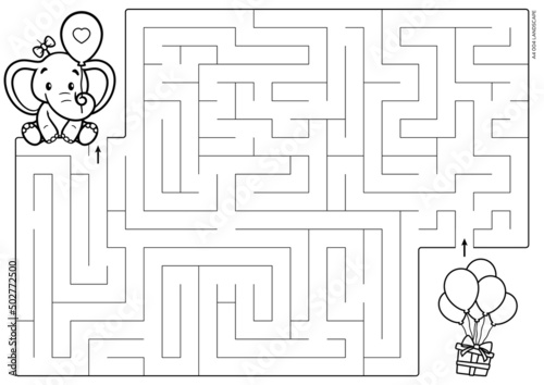 Vector black line printable maze. Format A4. Coloring book educational maze with cute cartoon elephant looking for a gift. Landscape size.