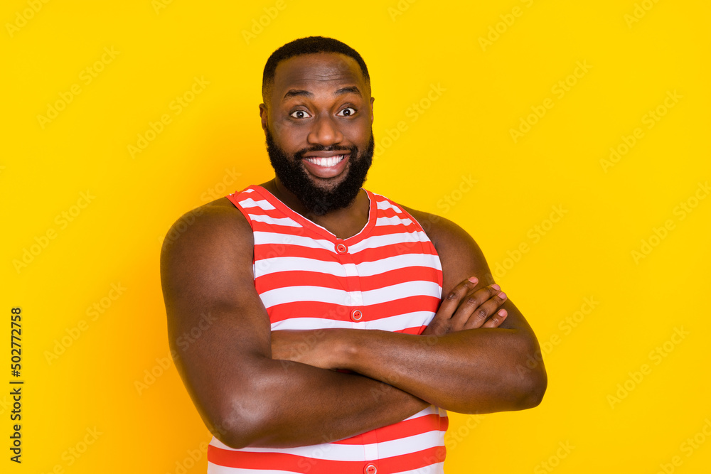Photo of guy cross arms saver tourist sea ocean wear stylish trendy red overall isolated shine color background Photo of guy cross arms saver tourist sea ocean wear stylish trendy red overall isolated shine color background