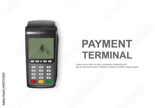 Vector Realistic 3d Touch NFC Mobile Payment Machine. POS Terminal Closeup Isolated on White. Design Template of Bank Payment Wireless Contactless Terminal, Mockup. Payments device. Top View