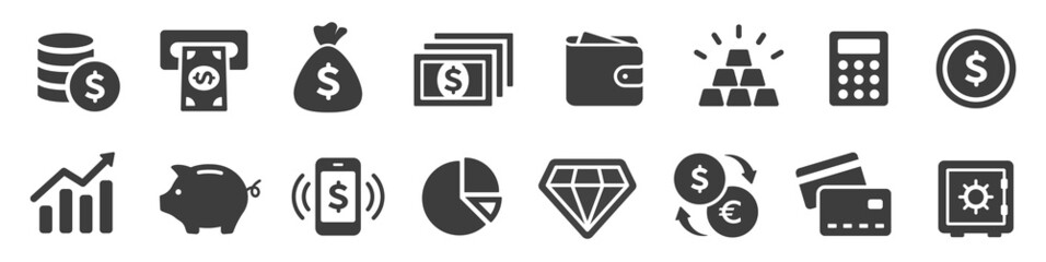 Finance icons. Business Icons, money signs. Money silhouette collection. Wallet with cards icon. Coins silhouette icon. Growth chart. Moneybag or stash. Piggy bank flat style - stock vector.