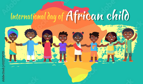 Handwritten inscription on celebration card, banner, flyer design template. Congratulation text, creative style of wish card. International day of african child lettering, decorated greeting