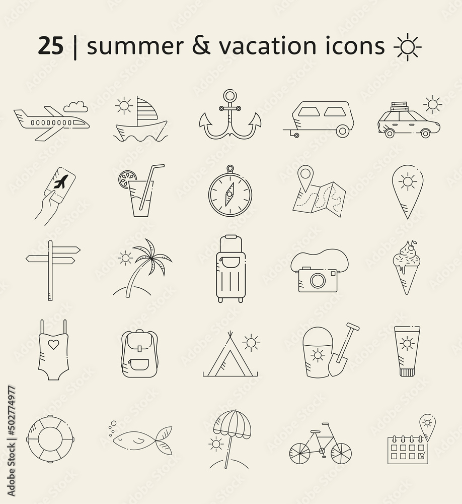 Set de 25 pictogrammes, icones en lignes et tracés sur le thème de l'été et des vacances