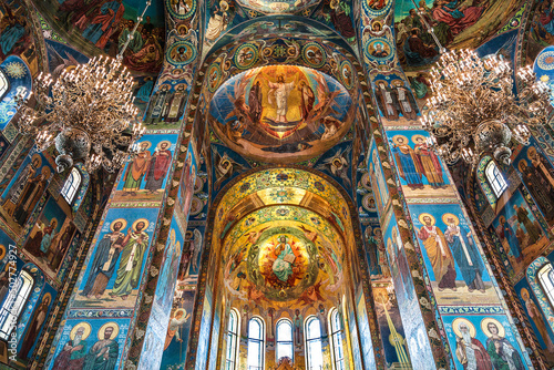 The interior of the Church of the Savior on Spilled Blood with colorful mosaic frescoes on biblical subjects. Saint Petersburg, Russia