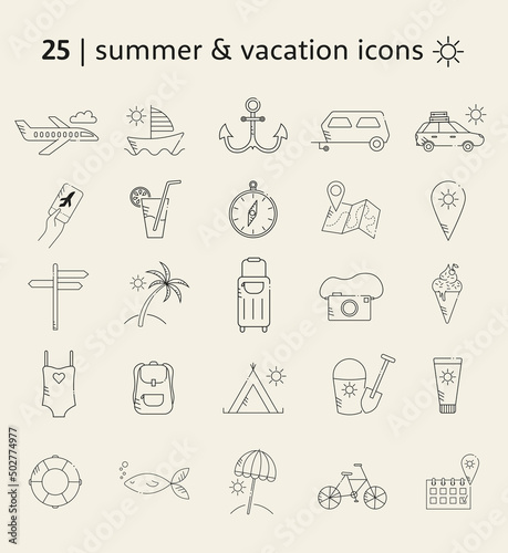 Set de 25 pictogrammes, icones en lignes et tracés sur le thème de l'été et des vacances