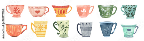 Set of watercolor and gouache mixed media cups and mugs, isolated on white background.  Cute, hand painted design elements for  stickers, menus, banners, invitations, tea towels and more