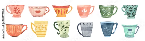 Panel kuchenny z motywem Set of watercolor and gouache mixed media cups and mugs, isolated on white background.  Cute, hand painted design elements for  stickers, menus, banners, invitations, tea towels and more