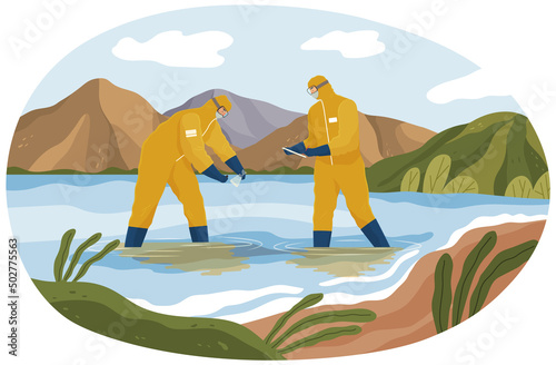 Scientists in protective suits collect samples of water. People analyze state of sea or ocean. Men collect water in test tube during experimental analysis. Impact of human activity, nature research