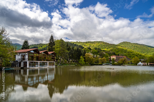 Clouds formation moving above the artificial city lake of Dilijan, Armenia