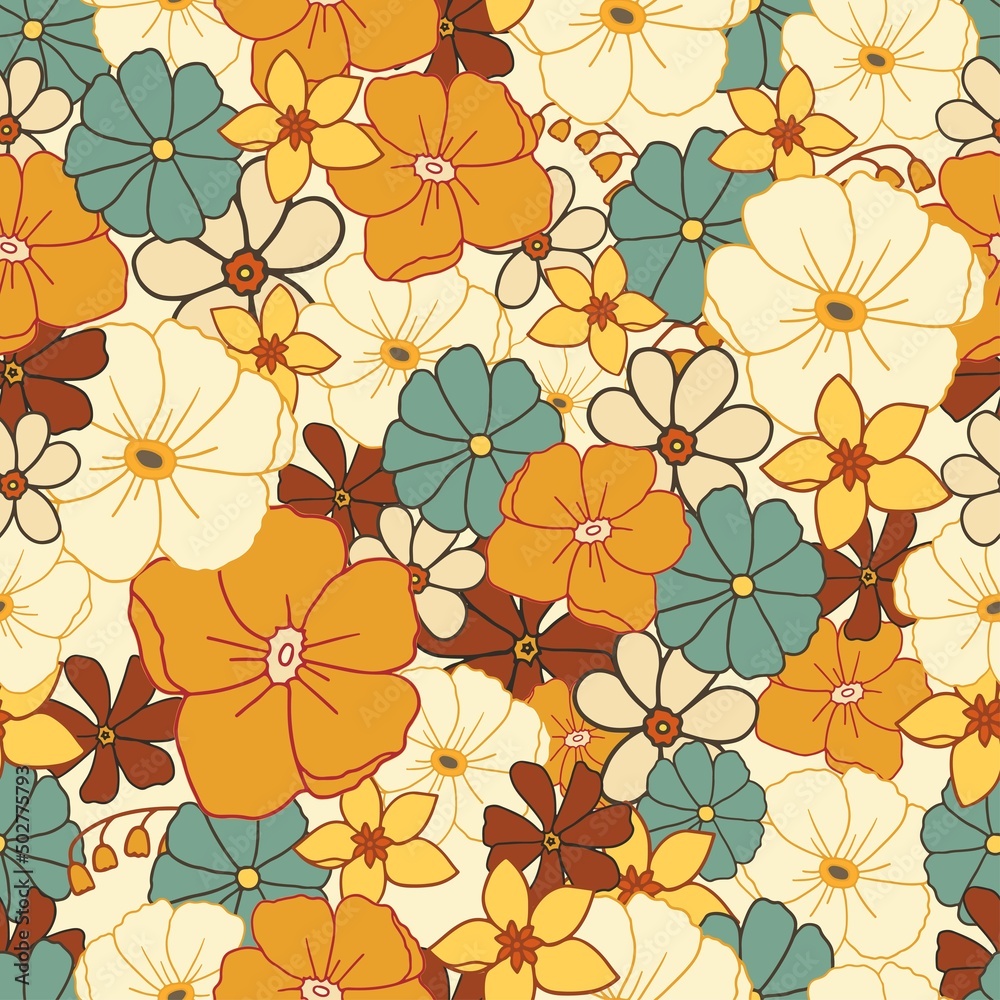 Vintage floral pattern in hand draw flower. Floral seamless background for fashion prints. Retro 70s style textile background. Summer vintage print.